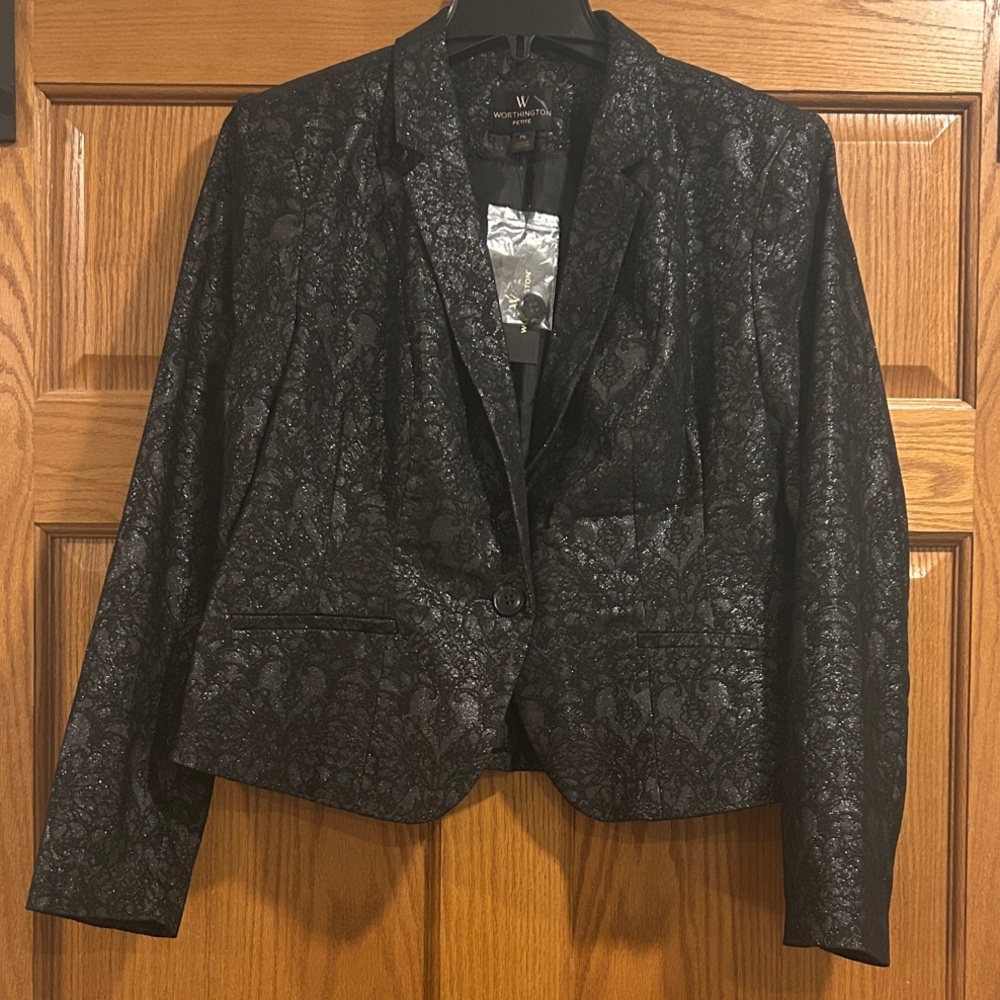 Worthington Black Jacquard Short Blazer Glimmer and Shine Size Petite Large NWT